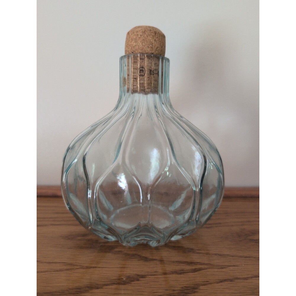 Small Clear/Blue-ish Glass Bottle with Wooden Cork - Beautiful Pattern! 6x5"